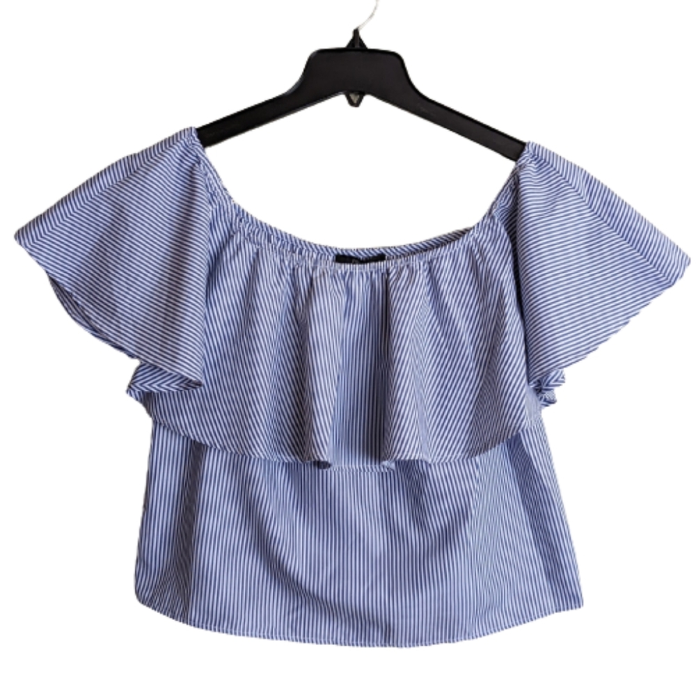 Forever 21 Top Blue White Stripe Ruffle Cropped Off The Shoulder